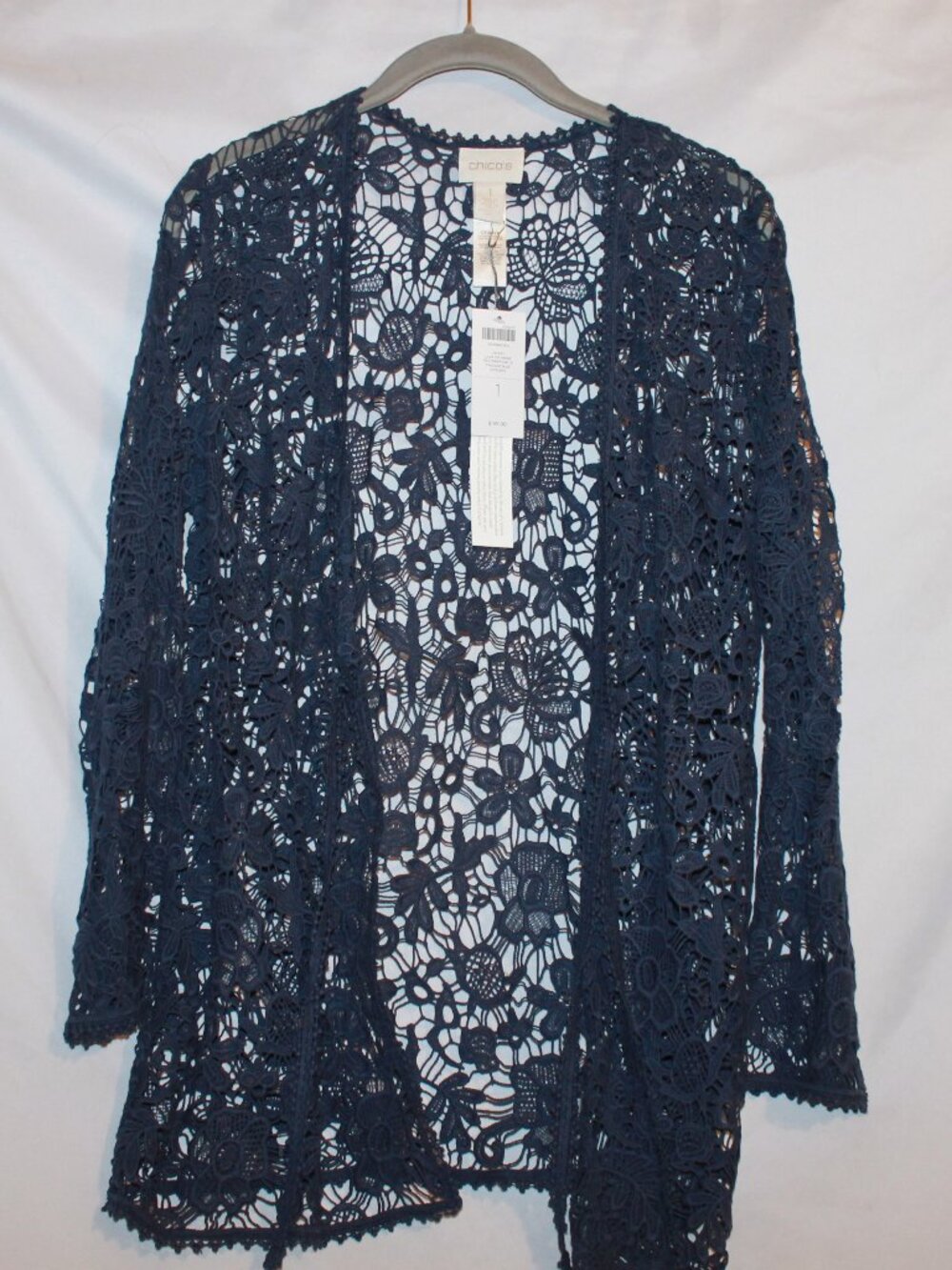 Chico's Travelers Collection Navy Blue Crochet Lace Cardigan